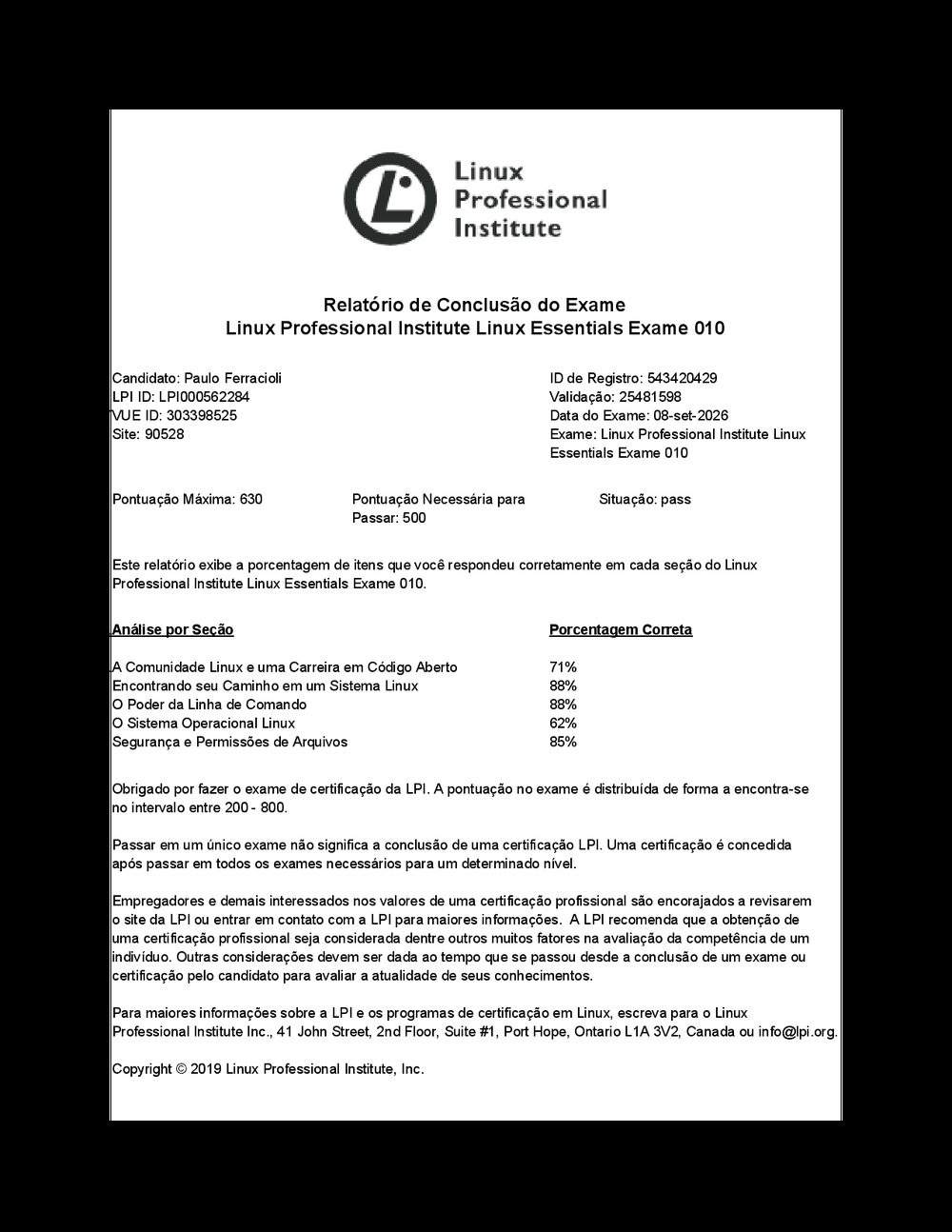 Comprovante de aprovação de Paulo Augusto Ferracioli
