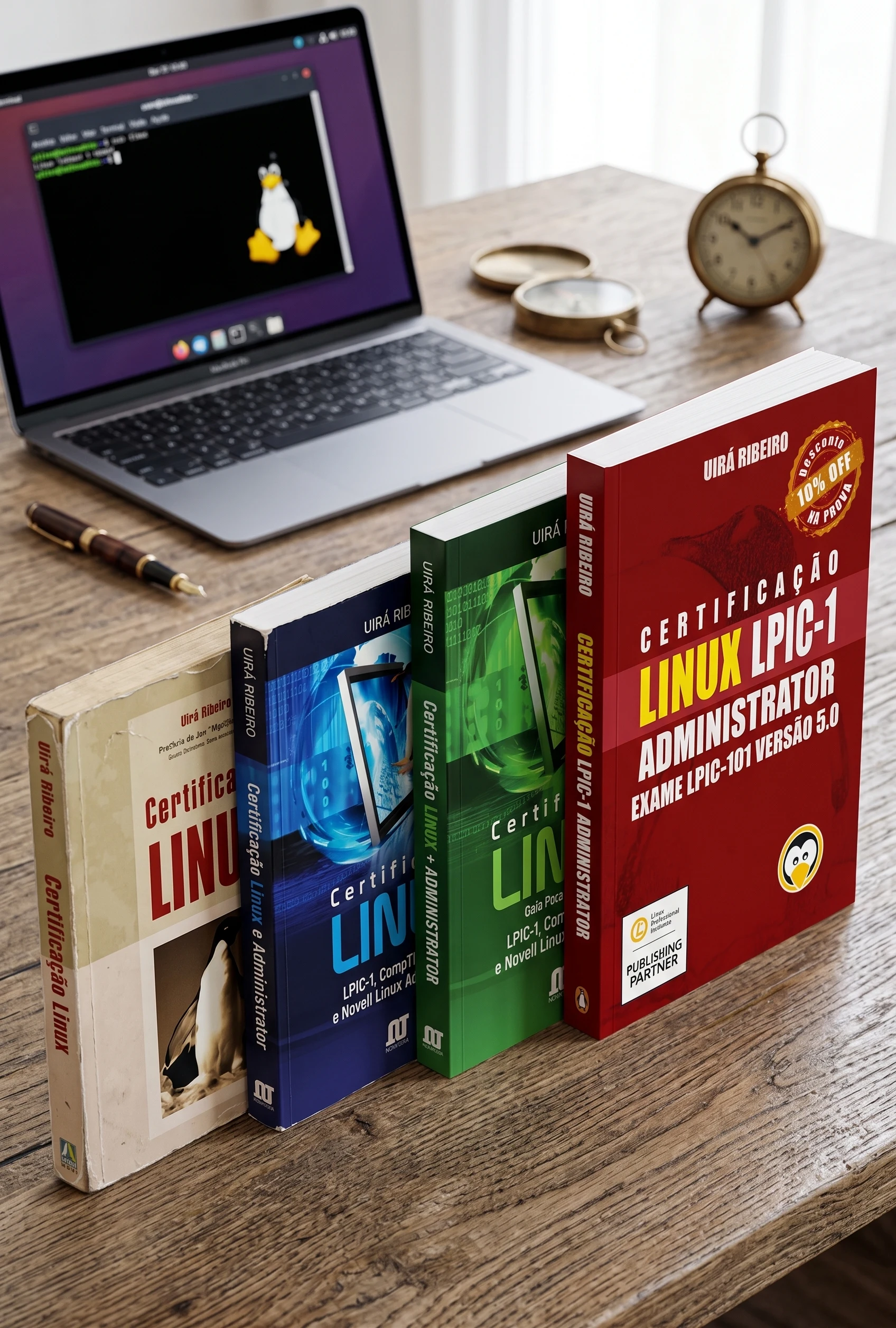 As edições do livro Certificação Linux ao longo dos anos, do primeiro exemplar de 2005 até a versão atual